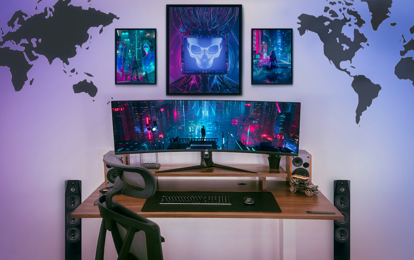 Un écran ultra-large incurvé affiche une ville cyberpunk.